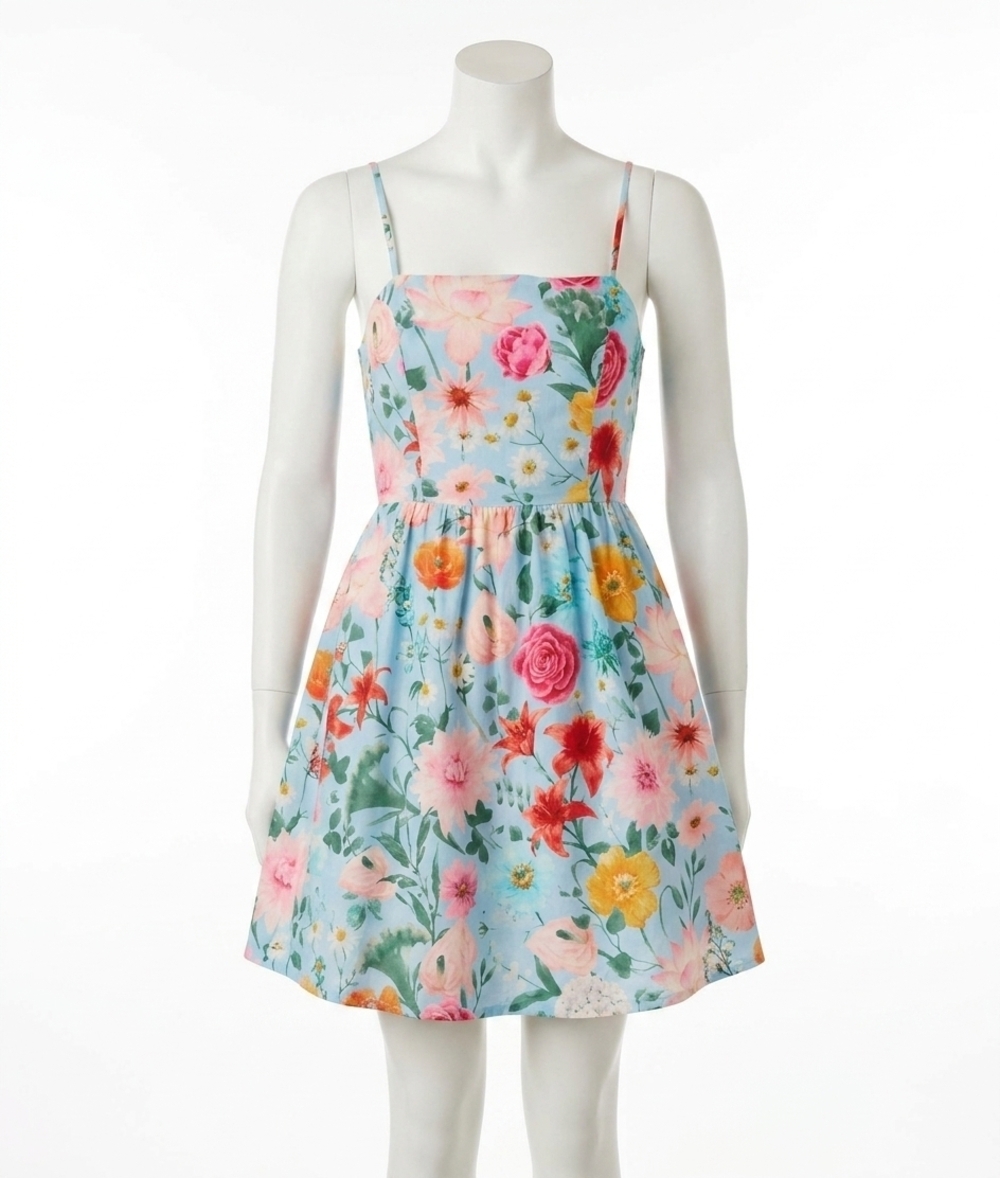 NEW PEACH LOVE blossom back bow dress in blue floral